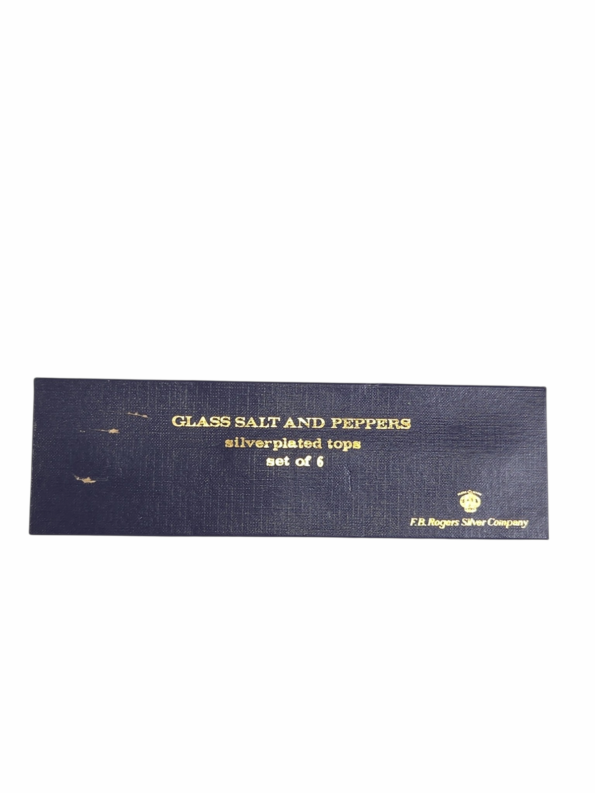Oddly Darling Vintage F.B. Rogers Silver Company salt and pepper shaker set box with gold text on navy blue