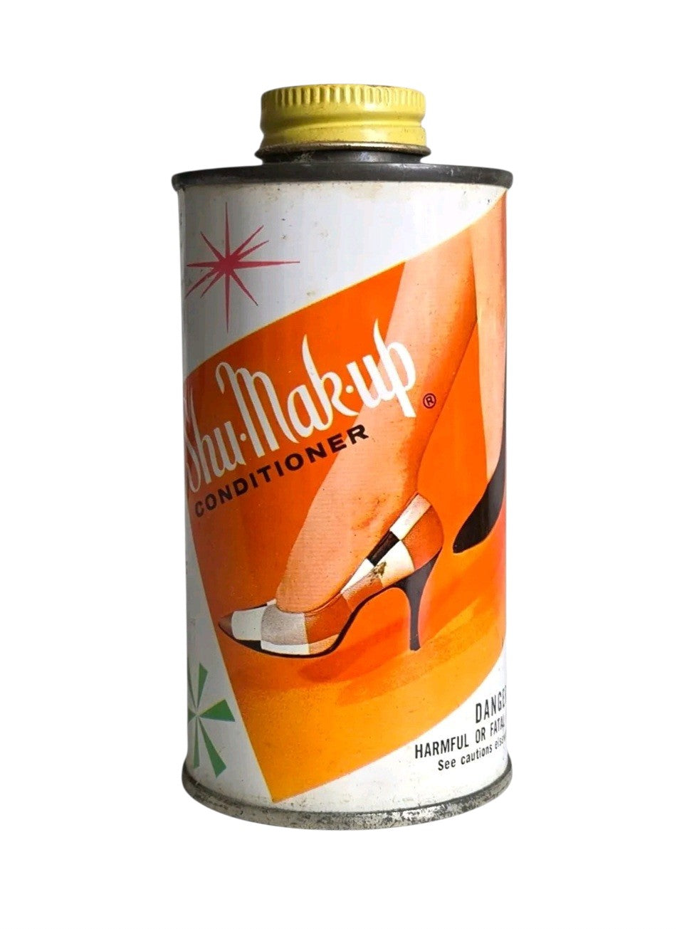 Oddly Darling Vintage Shu-Mak-Up shoe conditioner tin with 1950s orange graphic design and yellow cap