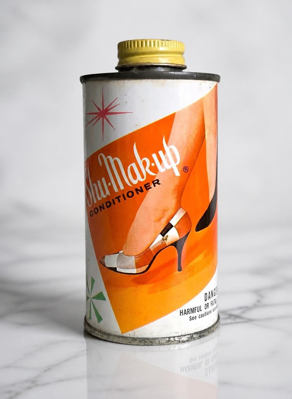 Oddly Darling Vintage Shu-Mak-Up shoe conditioner tin with 1950s orange graphic design and yellow cap