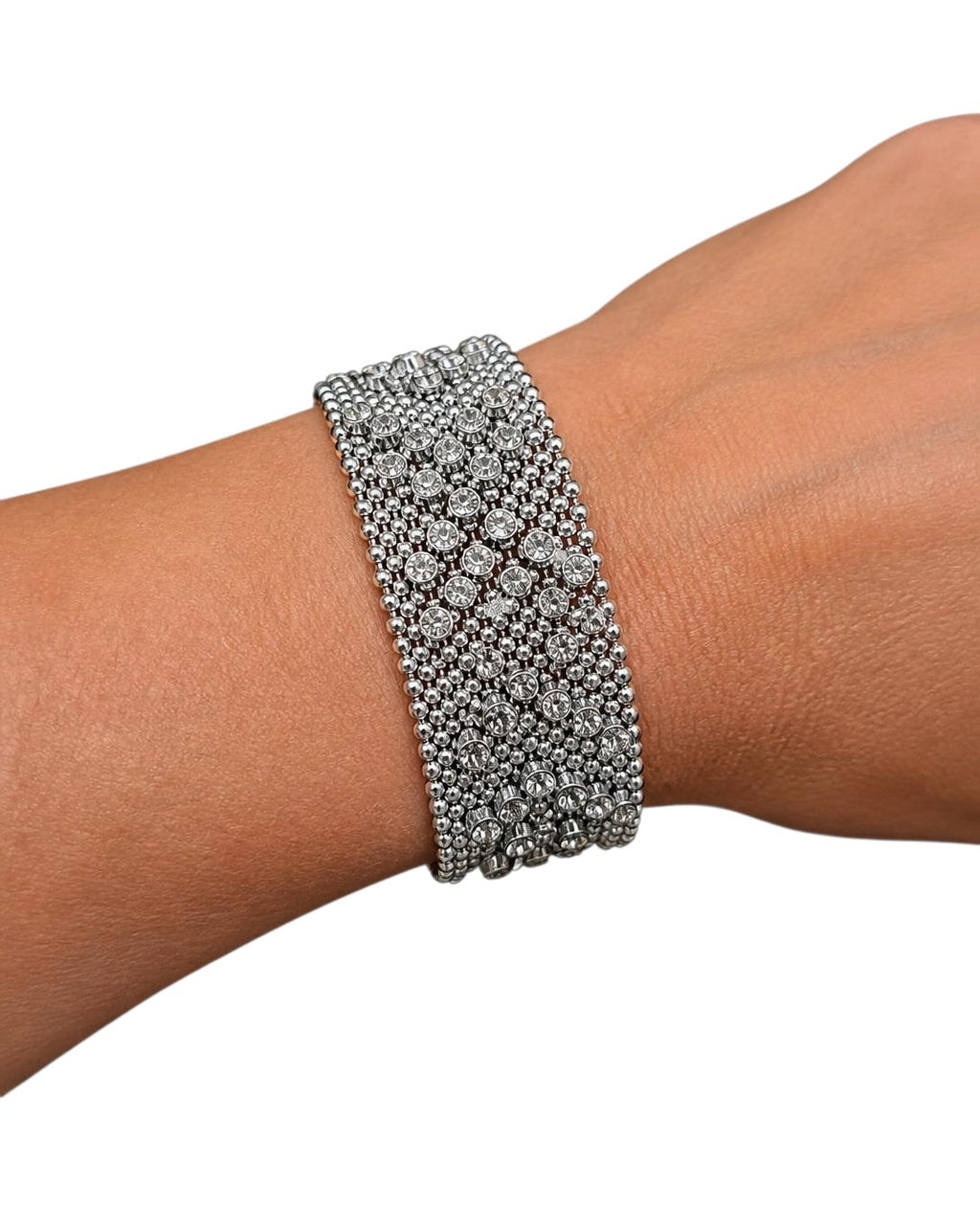 Oddly Darling Vintage wide silver-tone cuff bracelet featuring intricate beaded mesh and sparkling faceted crystals.