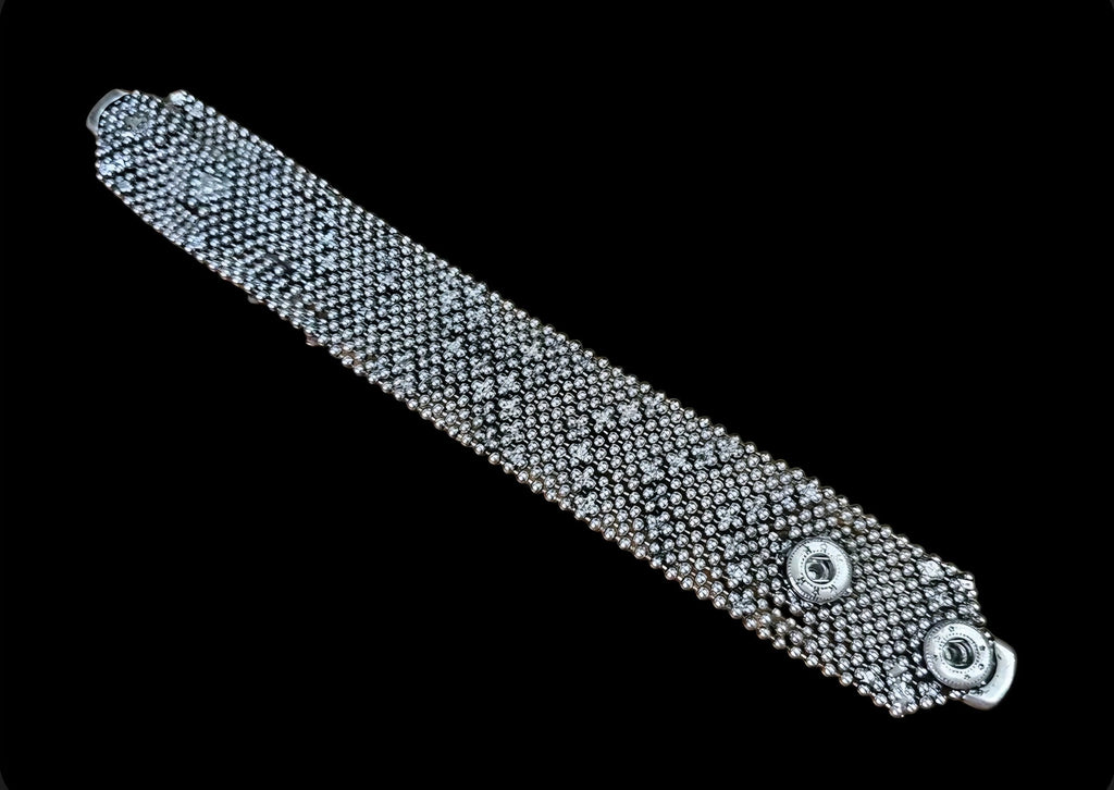 Oddly Darling Vintage wide silver-tone beaded statement cuff bracelet with faceted crystals and snap-button closure.