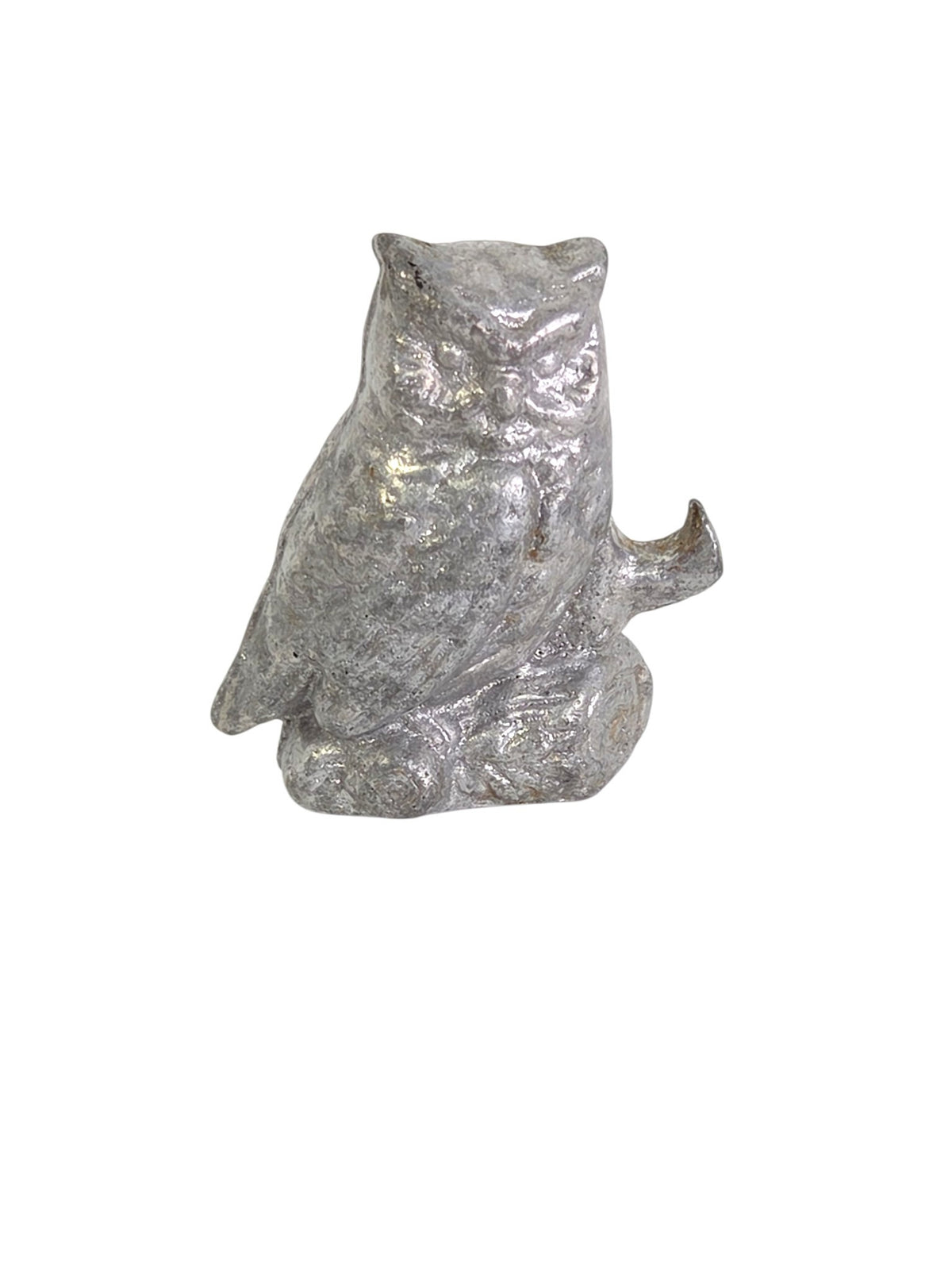 Oddly Darling Vintage cast metal owl bottle opener, a figural owl on a log in silver tone.