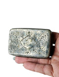 Oddly Darling Vintage R. Wallace & Sons silver-soldered trinket box with ornate floral engraving and central monogram.