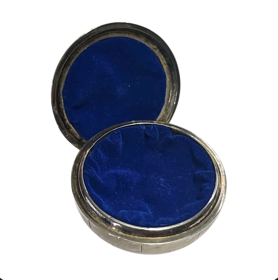 Oddly Darling Vintage silver-toned metal trinket box with a vibrant blue velvet-lined interior and lidded design.