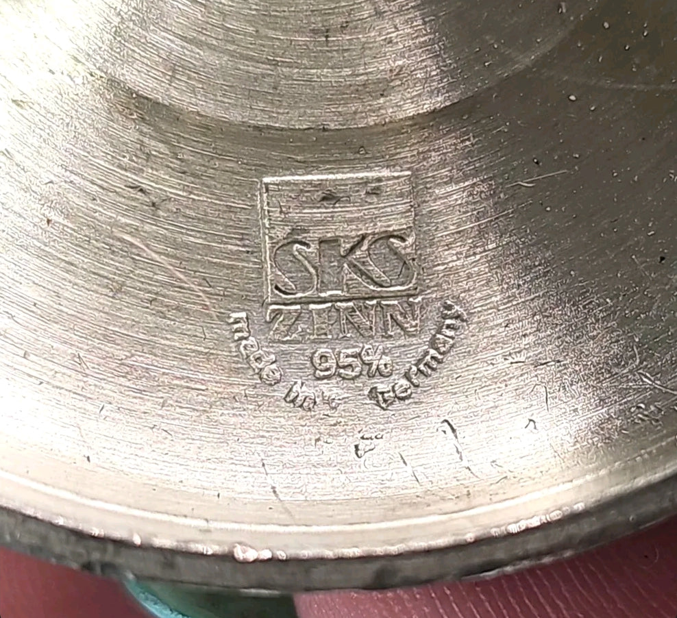 Oddly Darling Vintage SKS Zinn 95% pewter hallmark stamp on the base of a vintage German metal drinking vessel
