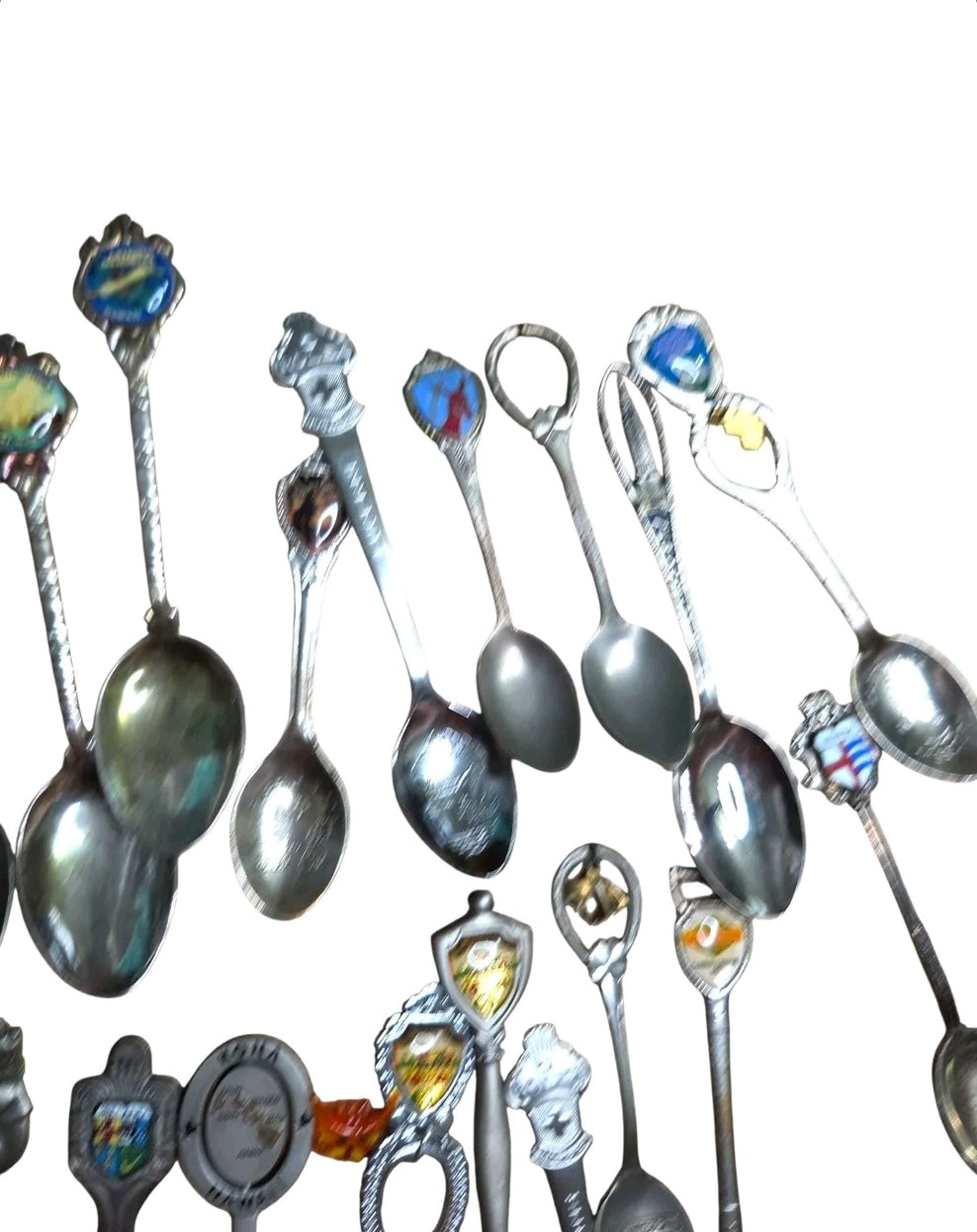 Oddly Darling Vintage collection of assorted metal souvenir spoons with enamel landmarks and decorative handles