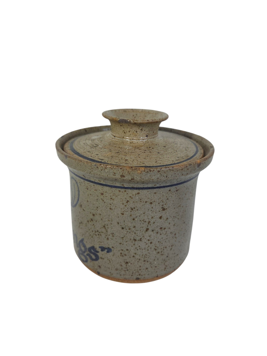 Oddly Darling Vintage speckled stoneware kitchen crock with lid featuring a blue bird motif and rustic script.