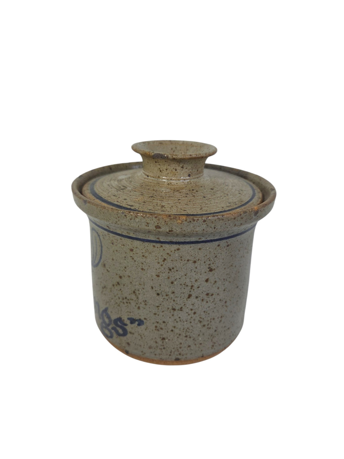 Oddly Darling Vintage speckled stoneware kitchen crock with lid featuring a blue bird motif and rustic script.