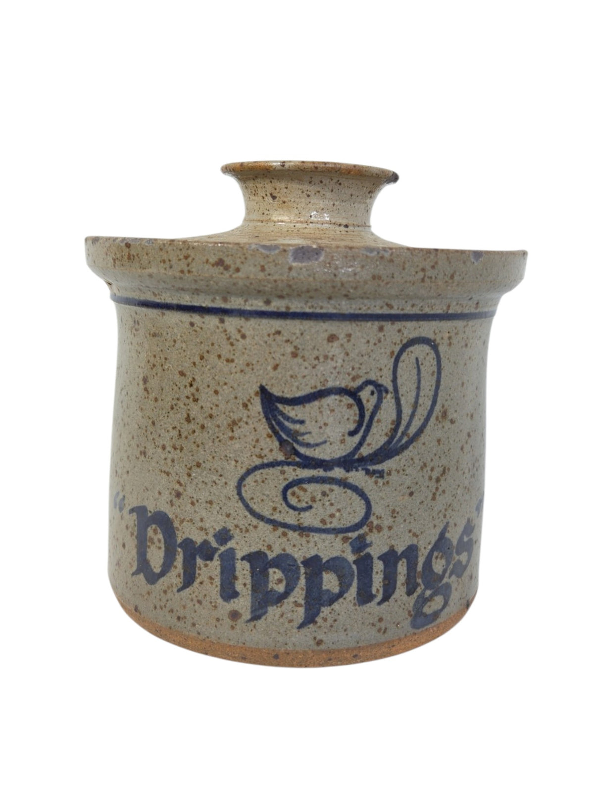 Oddly Darling Vintage speckled stoneware kitchen crock with lid, featuring a blue bird motif and Drippings text.