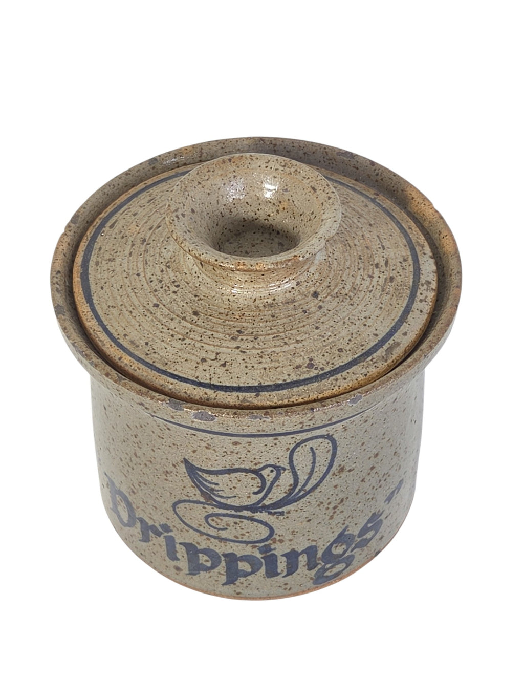 Oddly Darling Vintage speckled stoneware kitchen crock with lid, featuring a blue bird motif and Drippings text.
