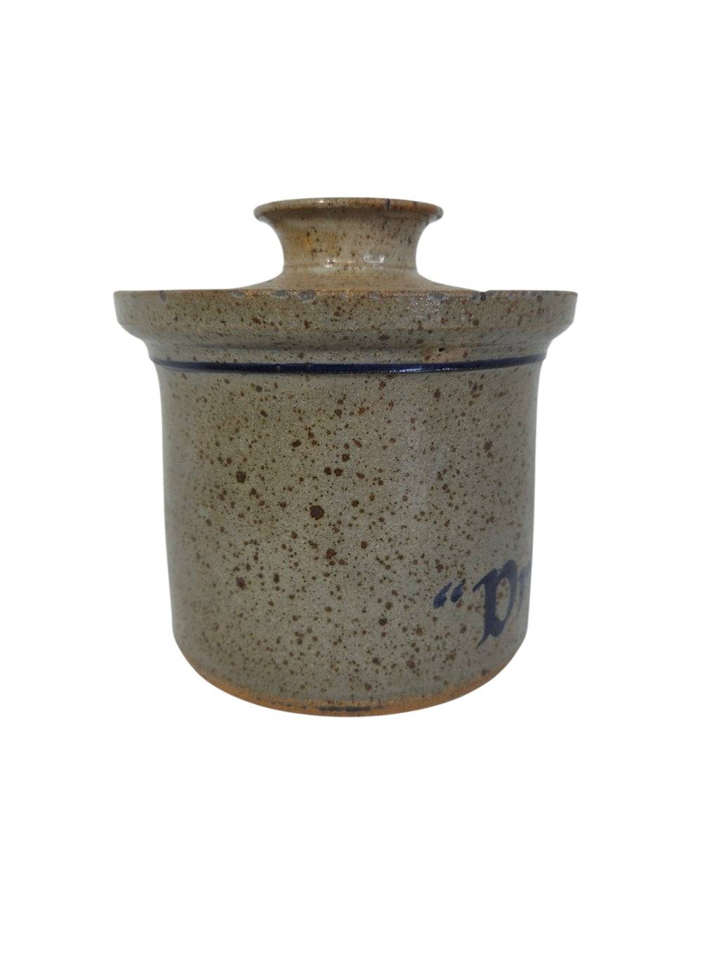 Oddly Darling Vintage speckled stoneware kitchen crock with lid and blue bird motif for rustic farmhouse storage