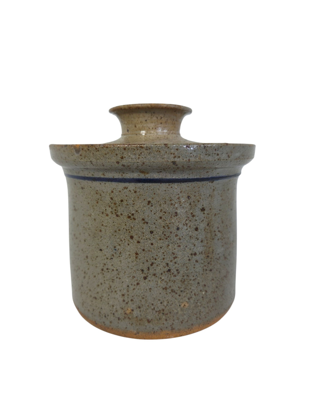 Oddly Darling Vintage speckled stoneware kitchen crock with a matching lid and rustic earthy finish.
