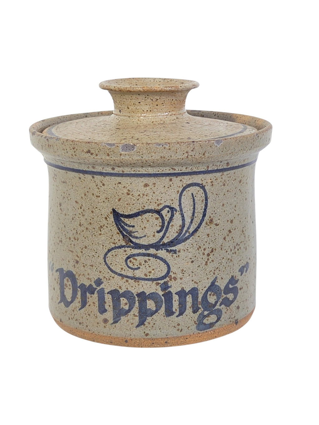 Oddly Darling Vintage speckled stoneware crock with lid, featuring a blue bird motif and Drippings script.