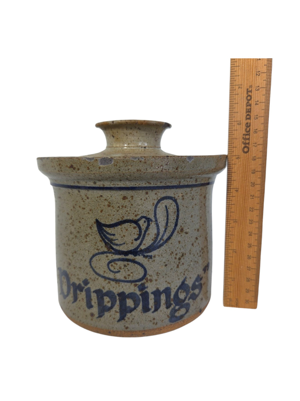 Oddly Darling Vintage speckled stoneware crock with lid, featuring a blue bird motif and Drippings script text.