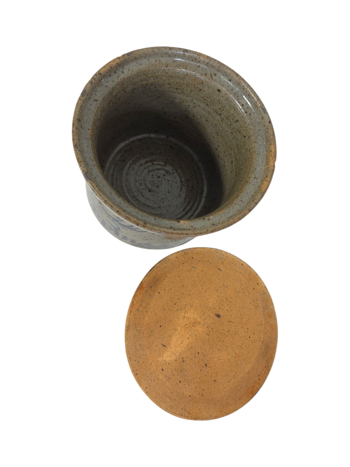 Oddly Darling Vintage speckled stoneware kitchen crock with lid, featuring a rustic earthy finish and open top view