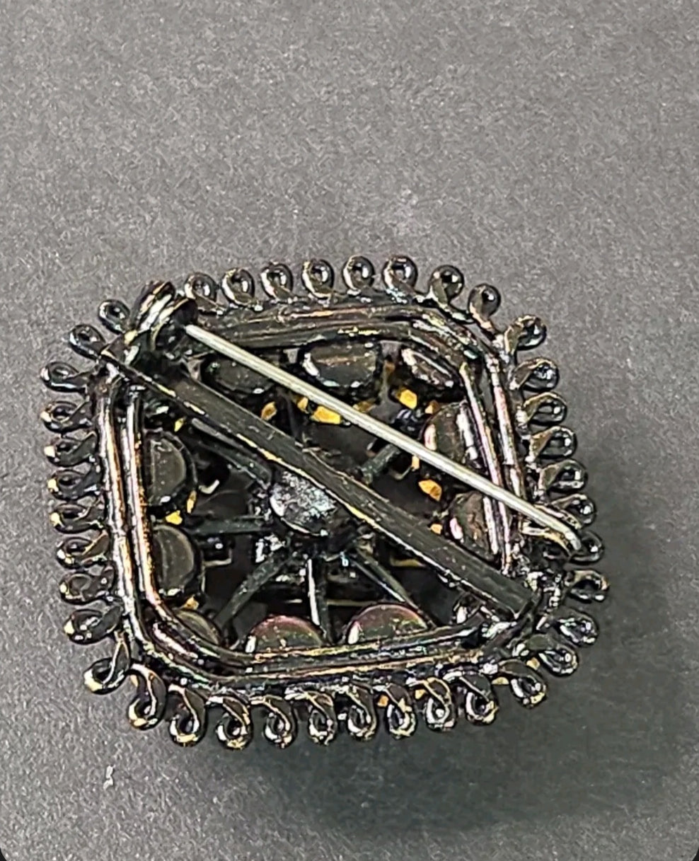 Back view of an Oddly Darling Vintage square brooch with a secure pin-back closure and dark gunmetal wirework frame.