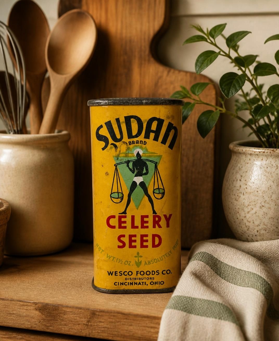 Oddly Darling Vintage yellow Sudan Brand celery seed tin with weathered metal finish and retro typography