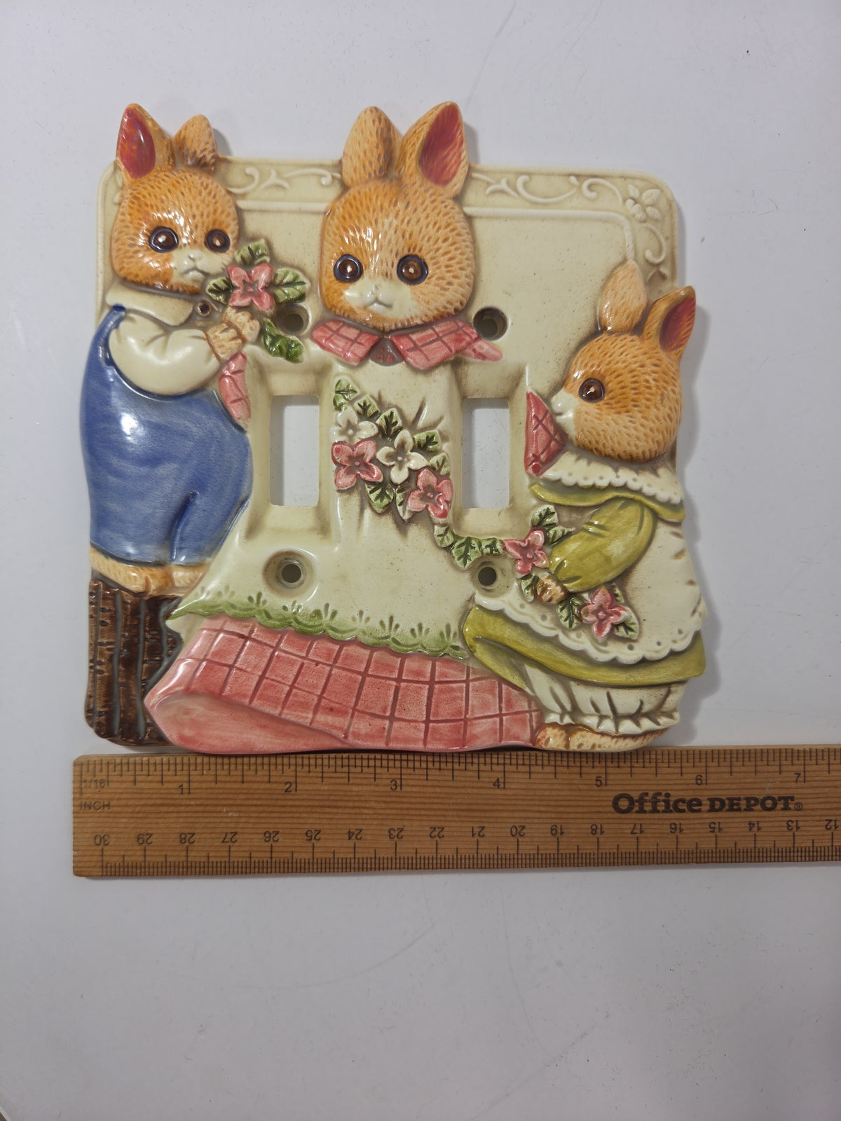 Oddly Darling Vintage Takahashi ceramic double light switch plate featuring three hand-painted bunnies in outfits.