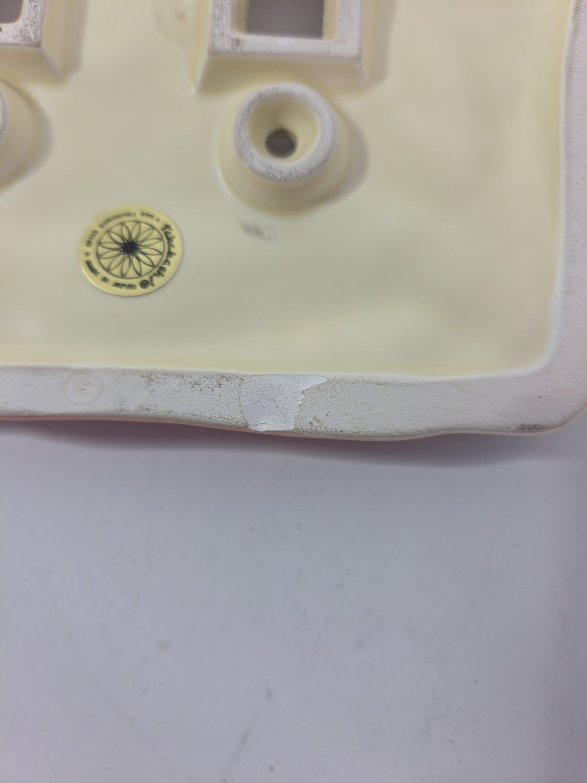 Oddly Darling Vintage Takahashi ceramic double light switch plate back view showing maker mark and minor chip