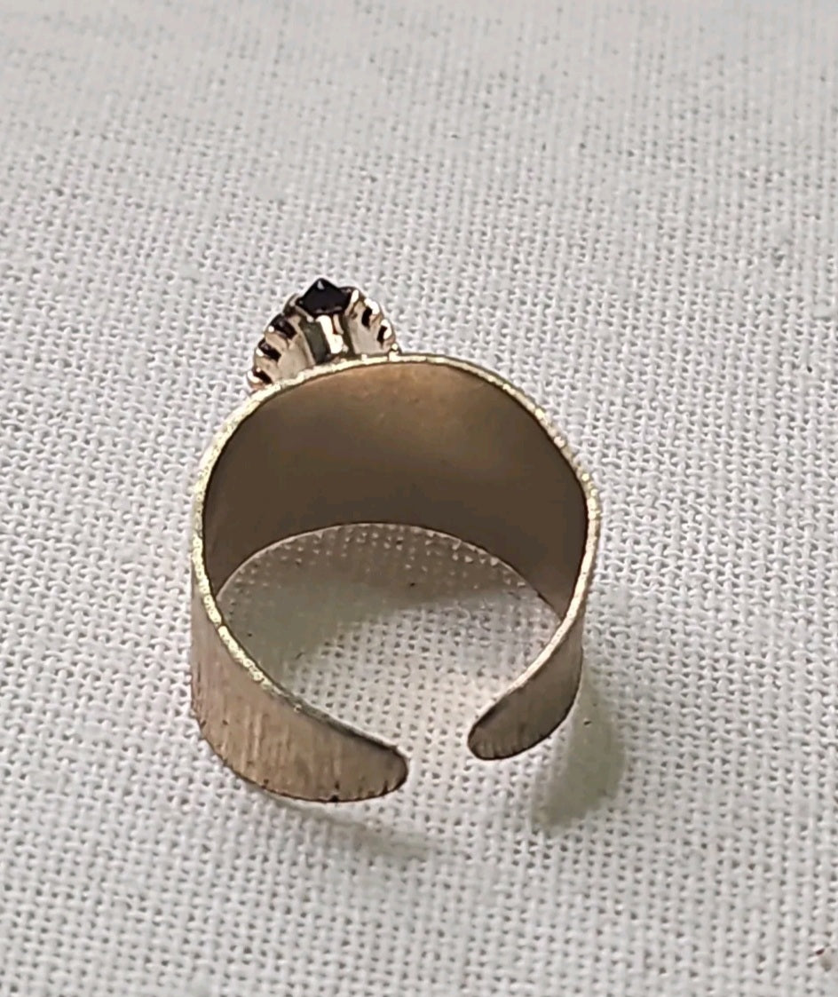 Oddly Darling Vintage wide band statement ring with textured brushed gold finish and dark marquise-cut stone