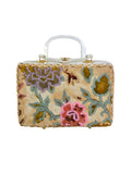 Tropic of Miami white wicker box purse on white with a beaded velvet floral front panel and pearlized Lucite handles