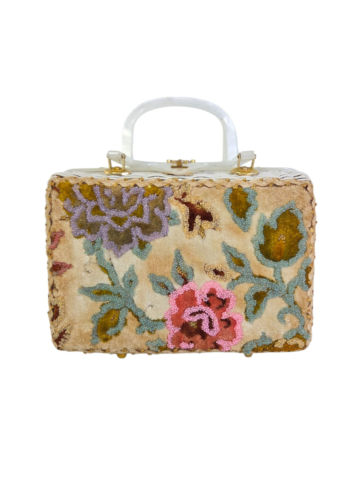 Tropic of Miami white wicker box purse on white with a beaded velvet floral front panel and pearlized Lucite handles
