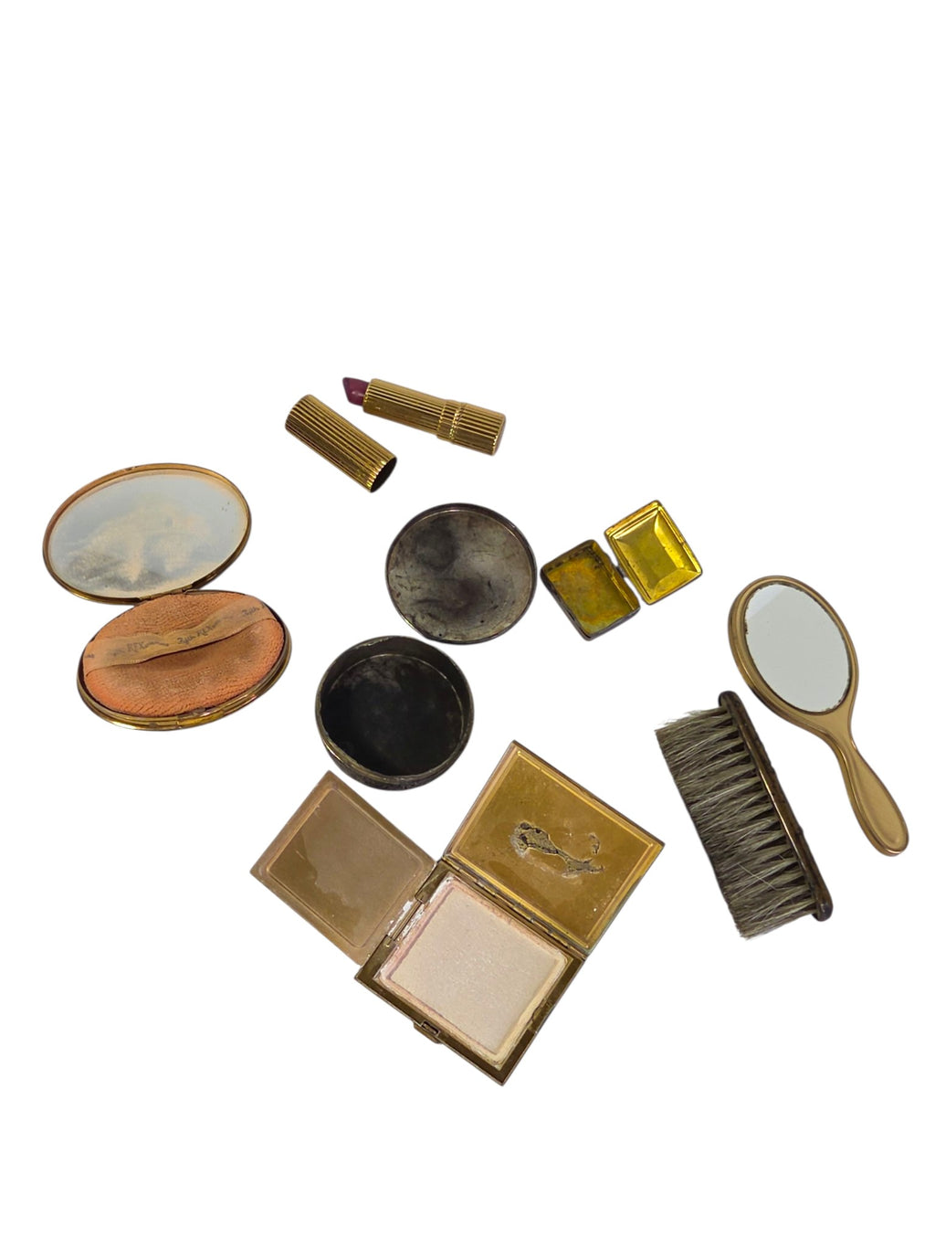 Vintage vanity lot opened: green compact with mirror and Rex Fifth Avenue puff, rhinestone compact with missing lid mirror, peacock box, pill box, lipstick, brush and hand mirror