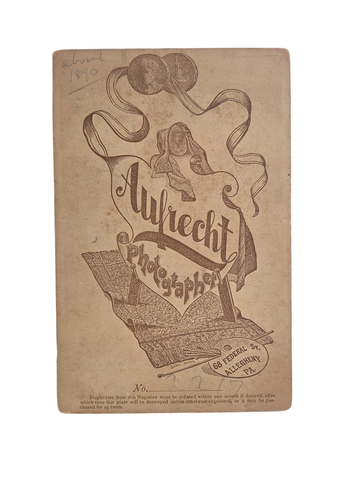 Oddly Darling Vintage antique Victorian cabinet card reverse side with ornate Aufrecht studio typography and branding