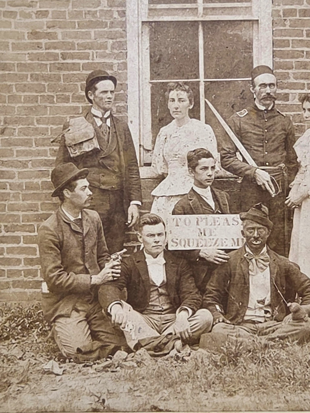 Oddly Darling Vintage antique Victorian cabinet card photograph featuring a group in theatrical costumes and uniforms.