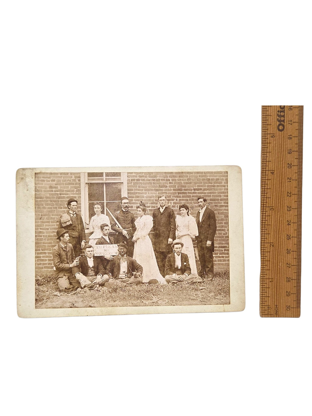 Oddly Darling Vintage antique Victorian cabinet card photograph of a group in theatrical costumes with a sign.