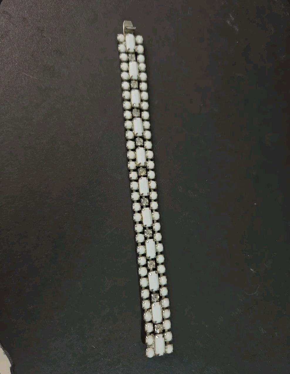 Oddly Darling Vintage multi-strand bracelet with milky white cabochon stones and clear crystals in silver-tone metal.