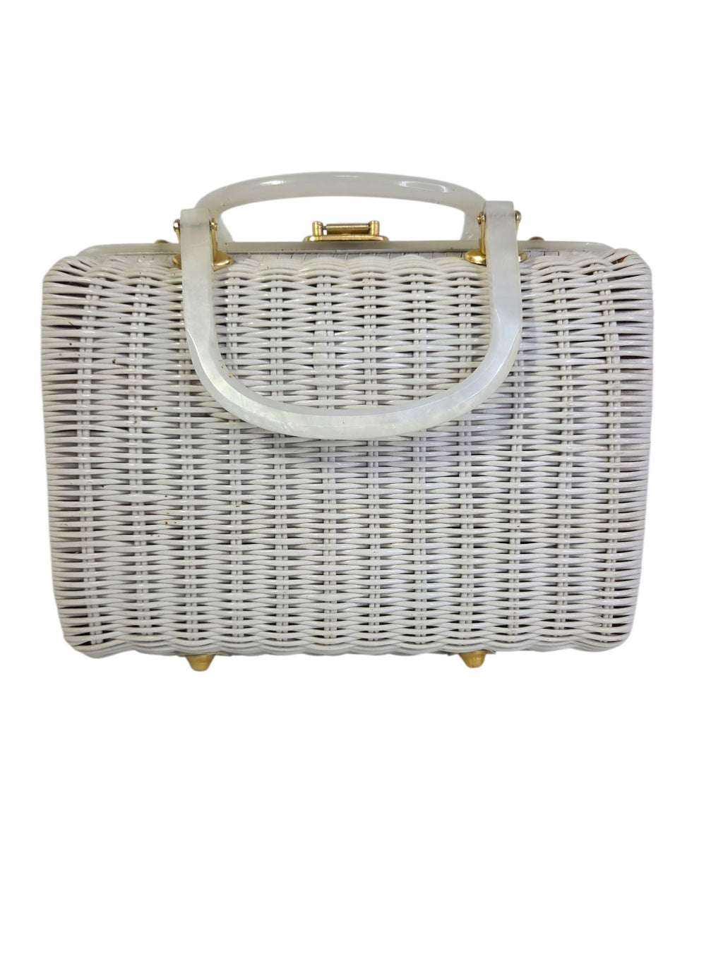 Plain white wicker back of the Tropic box purse with Lucite handle and gold-tone feet