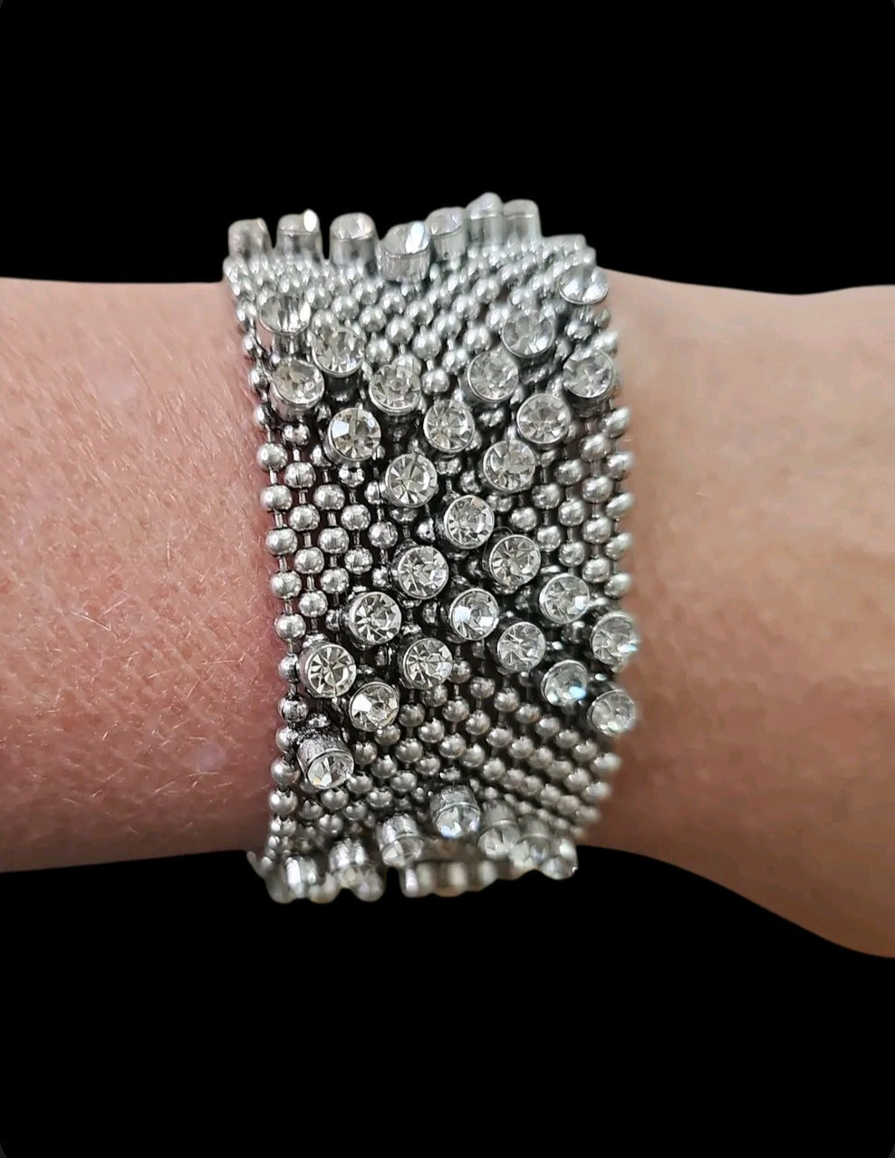 Oddly Darling Vintage wide silver-tone cuff bracelet featuring faceted clear crystals and intricate beaded mesh