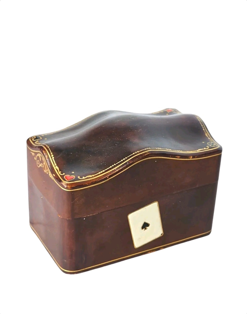 Oddly Darling Vintage dark wood playing card storage box with undulating lid, gold trim, and spade inlay.
