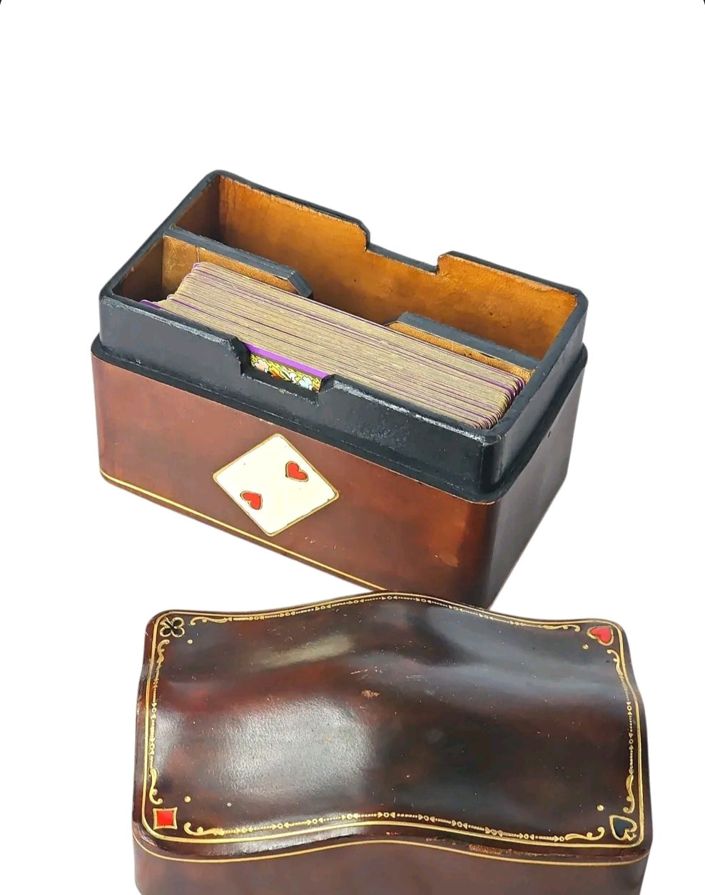 Oddly Darling Vintage dark wood playing card box with undulating lid, gold detailing, and diamond card inlay