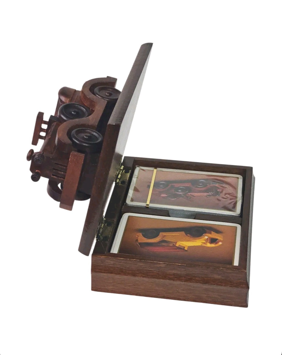 Oddly Darling Vintage wooden playing card storage box with a carved antique car lid and two decks of cards inside.