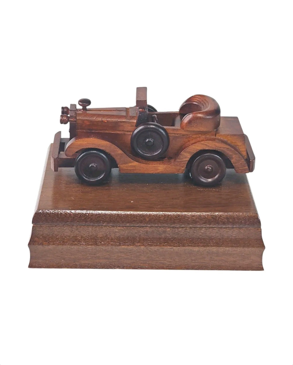 Oddly Darling Vintage wooden playing card storage box with a carved antique car lid in a rich brown wood finish.
