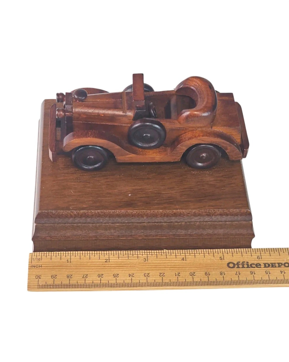 Oddly Darling Vintage wooden playing card storage box featuring a carved antique car on the lid with a ruler for scale