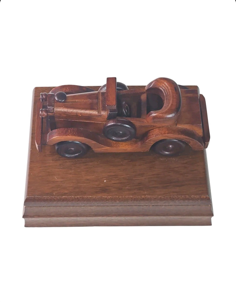 Oddly Darling Vintage wooden playing card box featuring a carved 3D antique car on the lid in a rich brown finish.