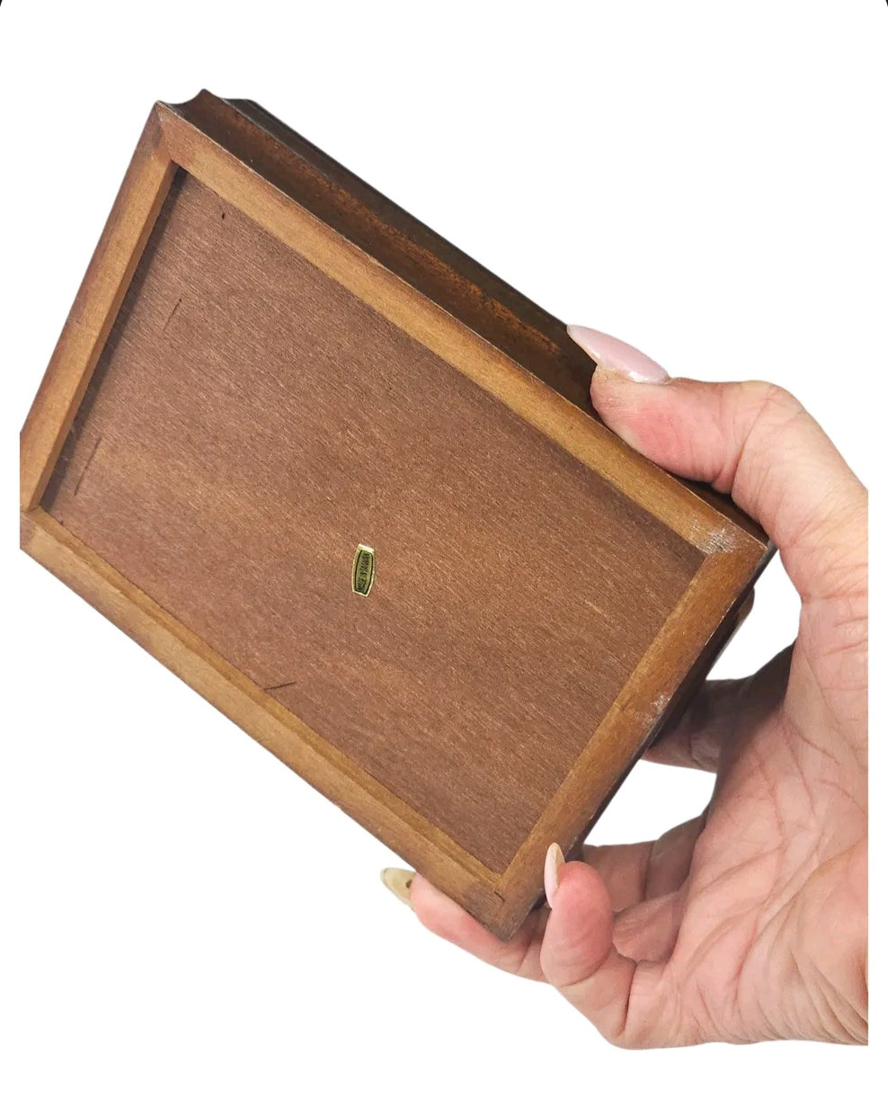 Oddly Darling Vintage wooden playing card storage box bottom view showing wood grain and small label