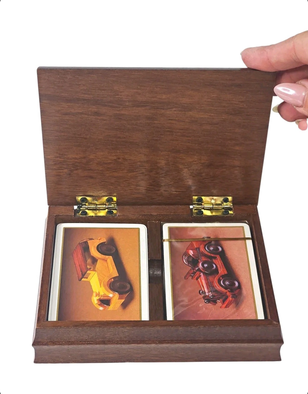 Oddly Darling Vintage wooden playing card storage box with two compartments holding decks featuring classic car art.
