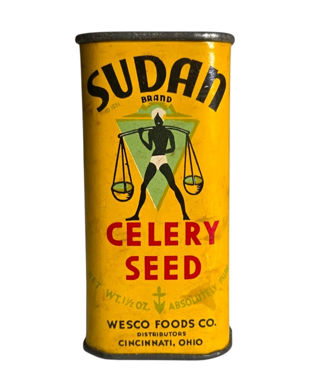 Oddly Darling Vintage yellow Sudan Brand celery seed tin with retro typography and graphic design on metal.