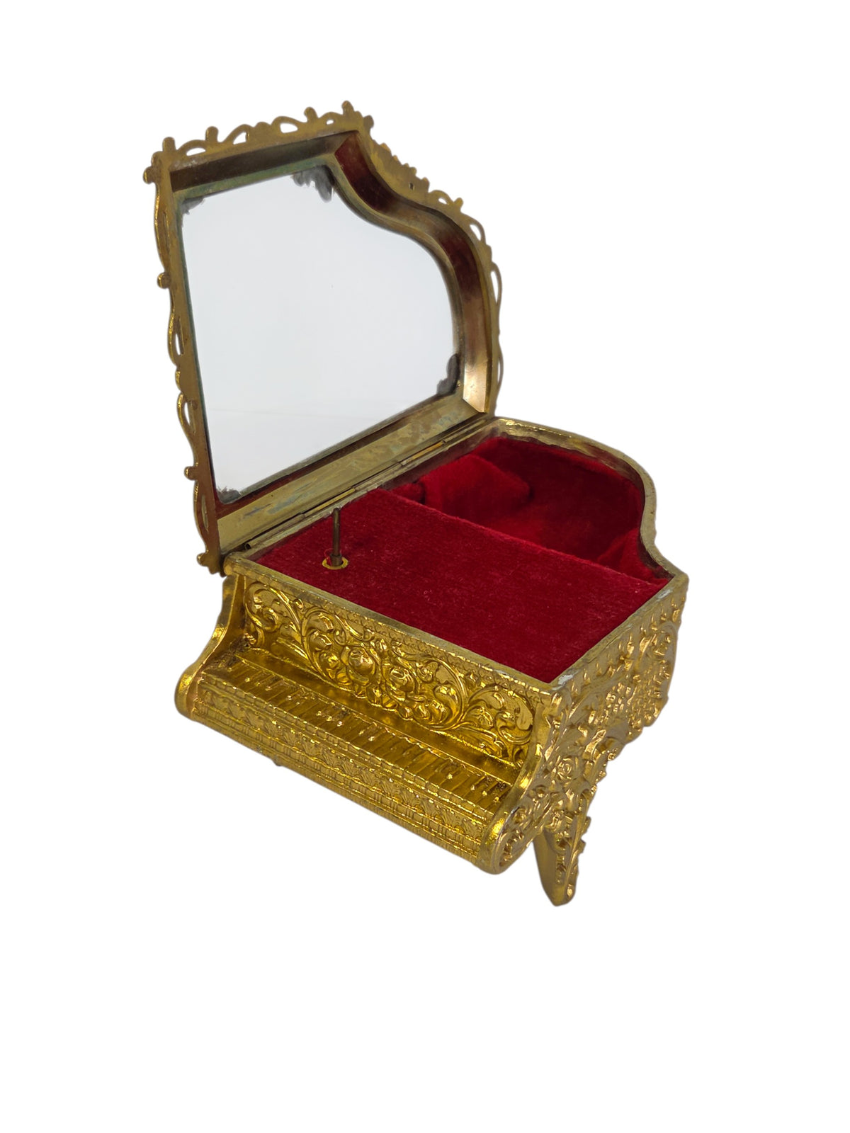 Gold-tone grand piano jewelry box beside a ruler, about 5 1/4 inches long