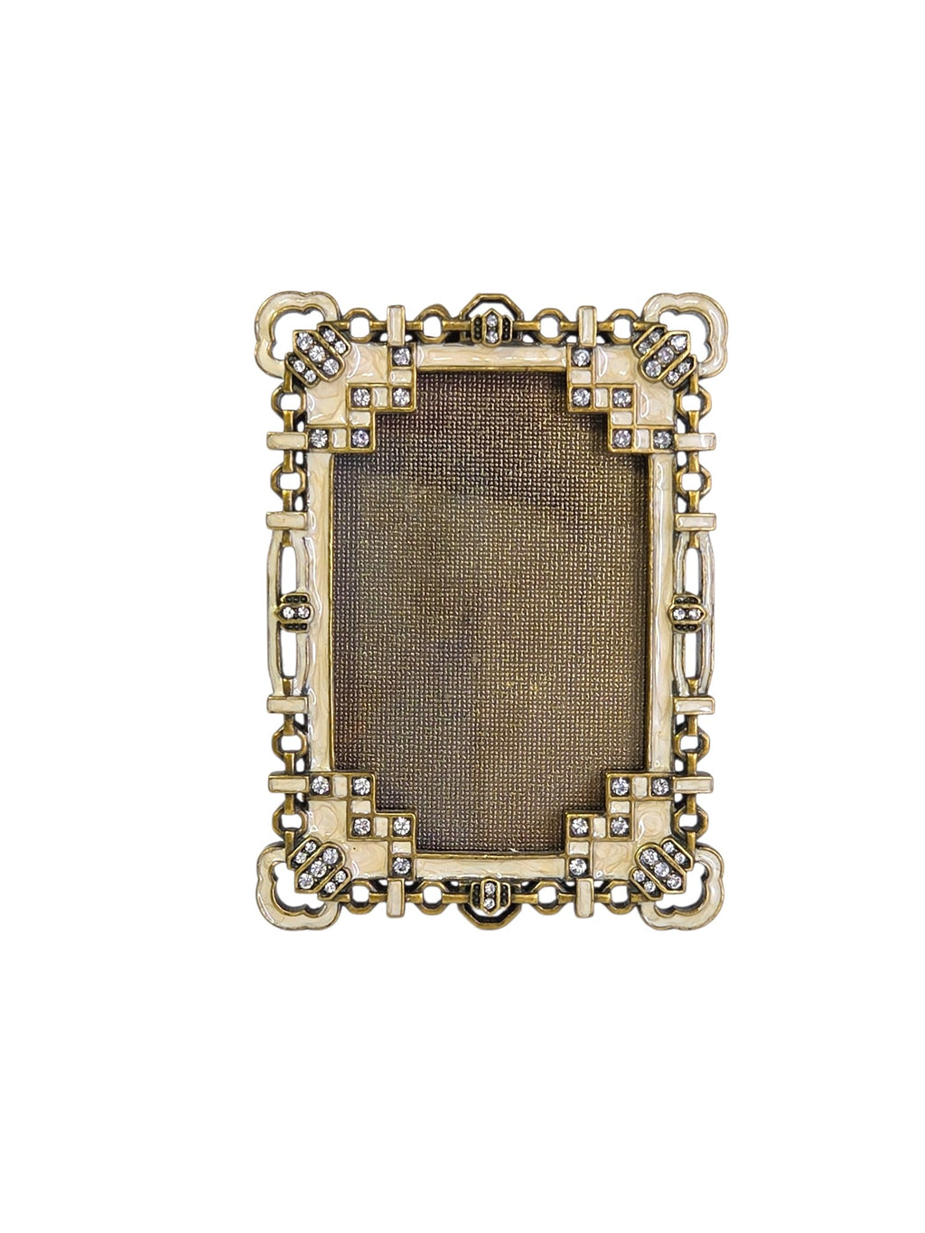 Argento jeweled picture frame on white, antique gold-tone metal with cream enamel, clear crystals and Art Deco style stepped corners