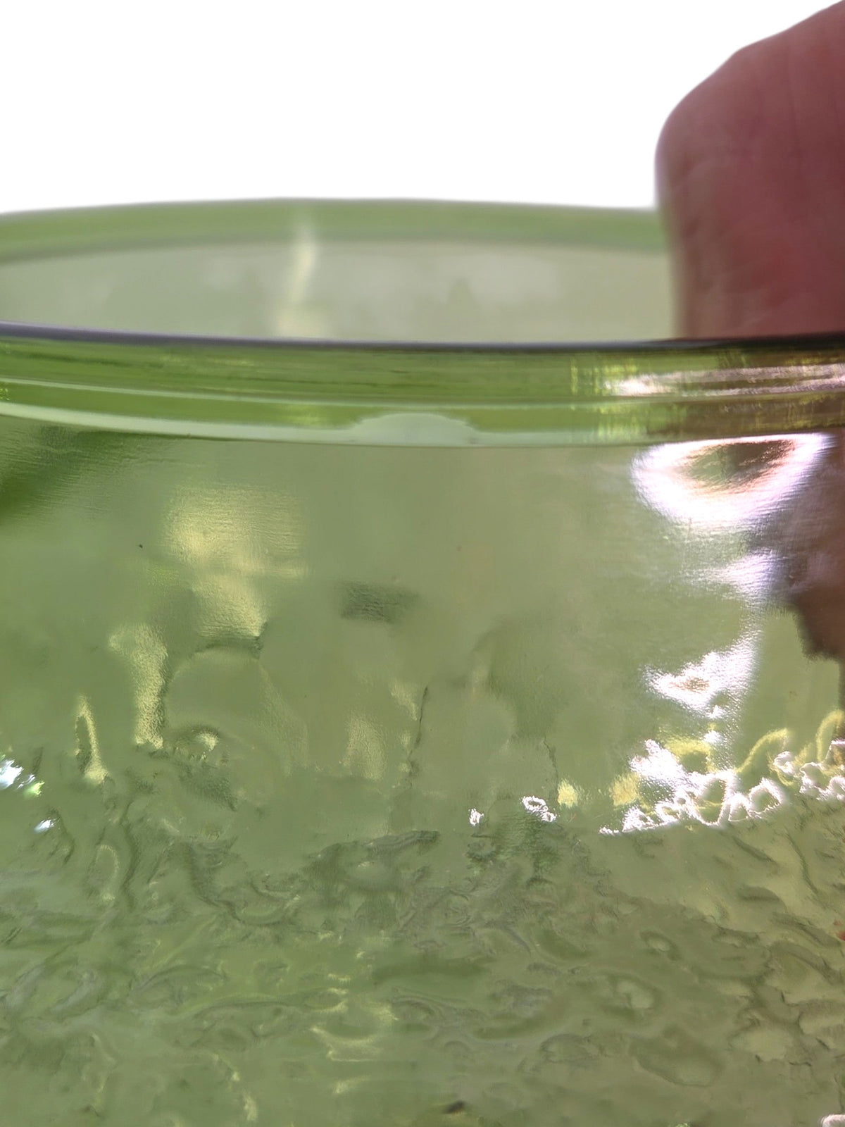 Anchor Hocking Rain Flower avocado green jar, detail of the textured glass