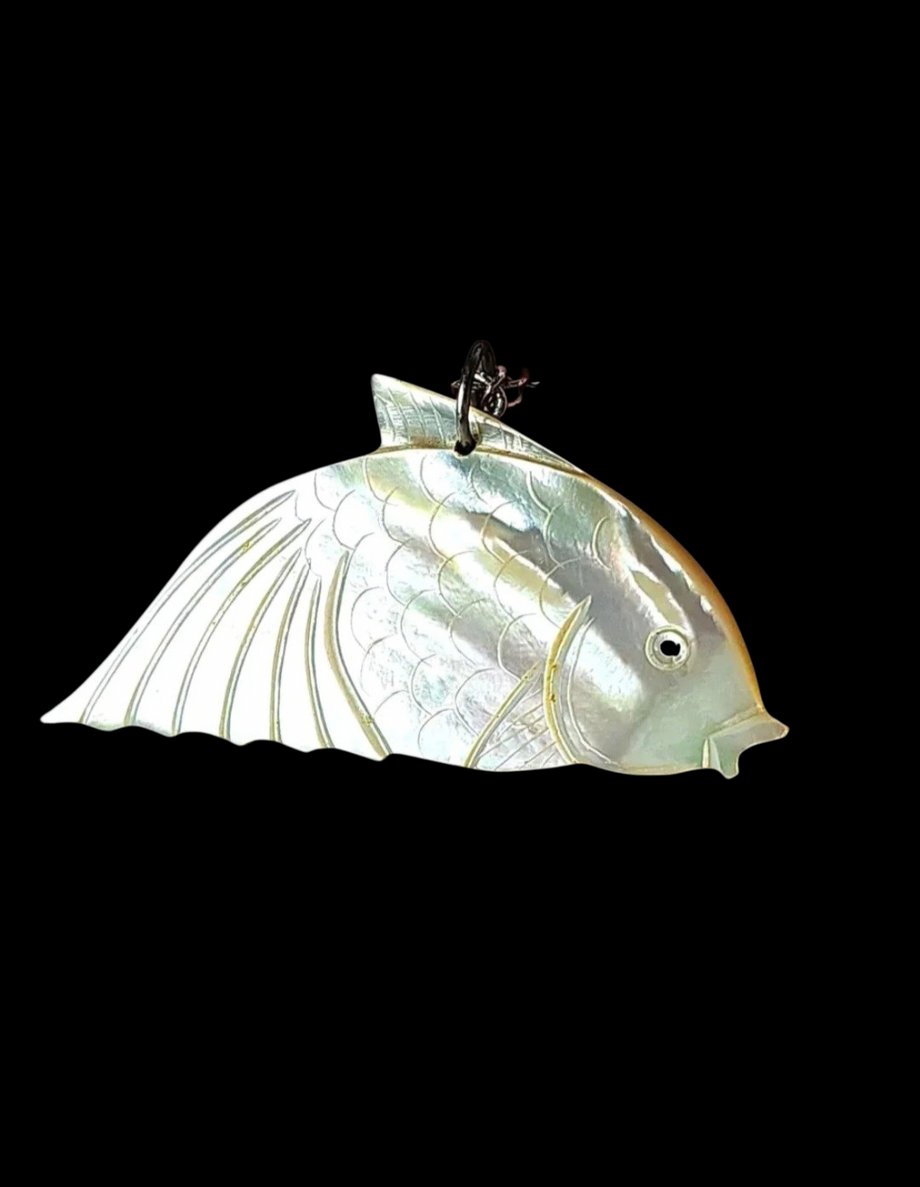 Carved Shell Fish Pendant Necklace | Mother of Pearl | 3" x 1.5" | 24" Silvertone Chain | Iridescent