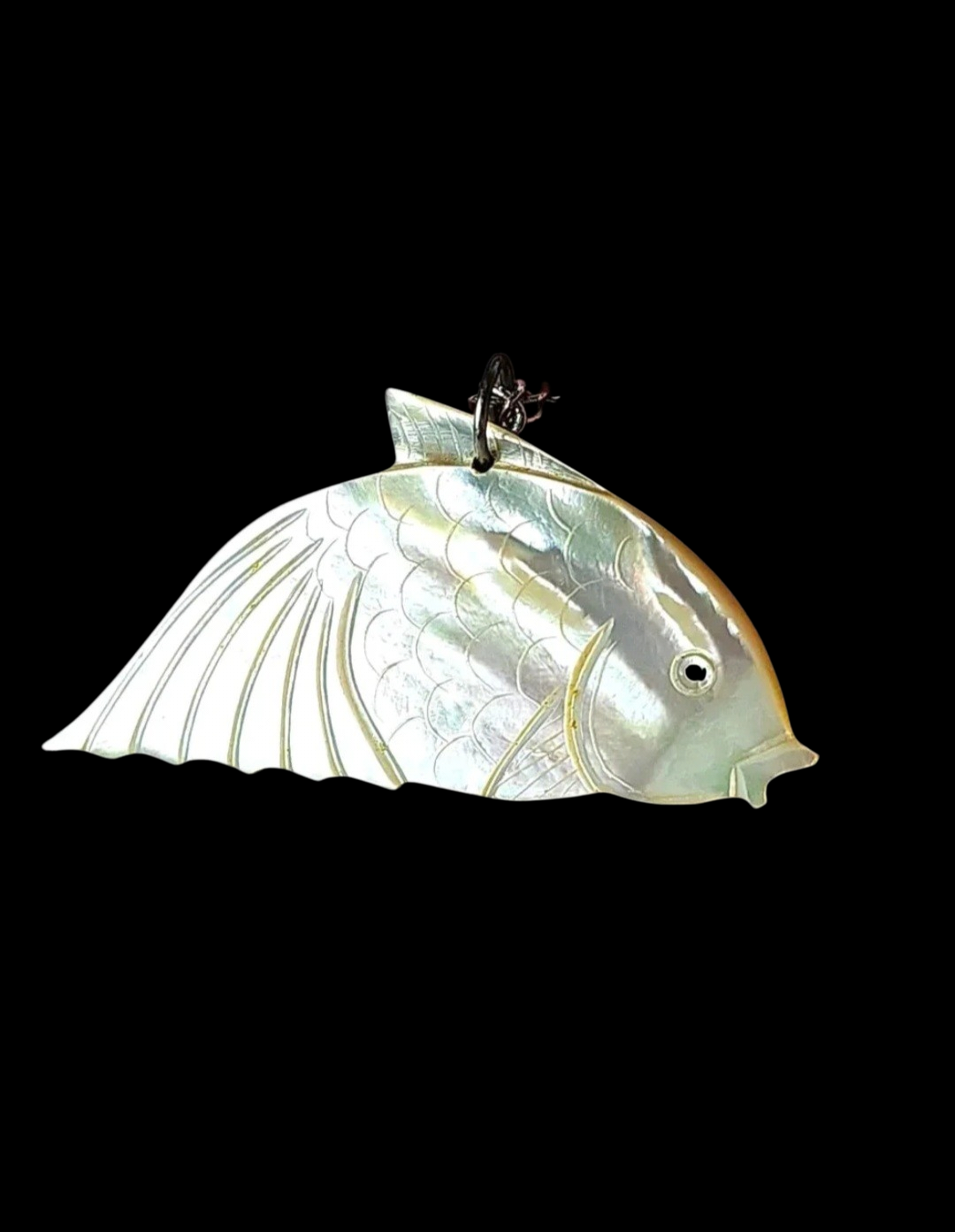 Carved Shell Fish Pendant Necklace | Mother of Pearl | 3" x 1.5" | 24" Silvertone Chain | Iridescent