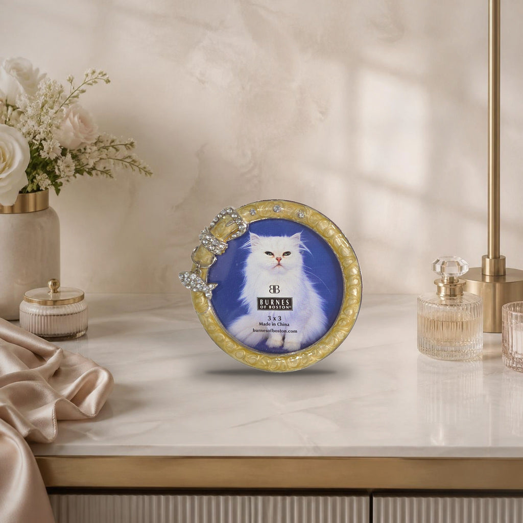 Oddly Darling Vintage Burnes of Boston cat collar picture frame in cream pearl enamel with rhinestone buckle and fish charm