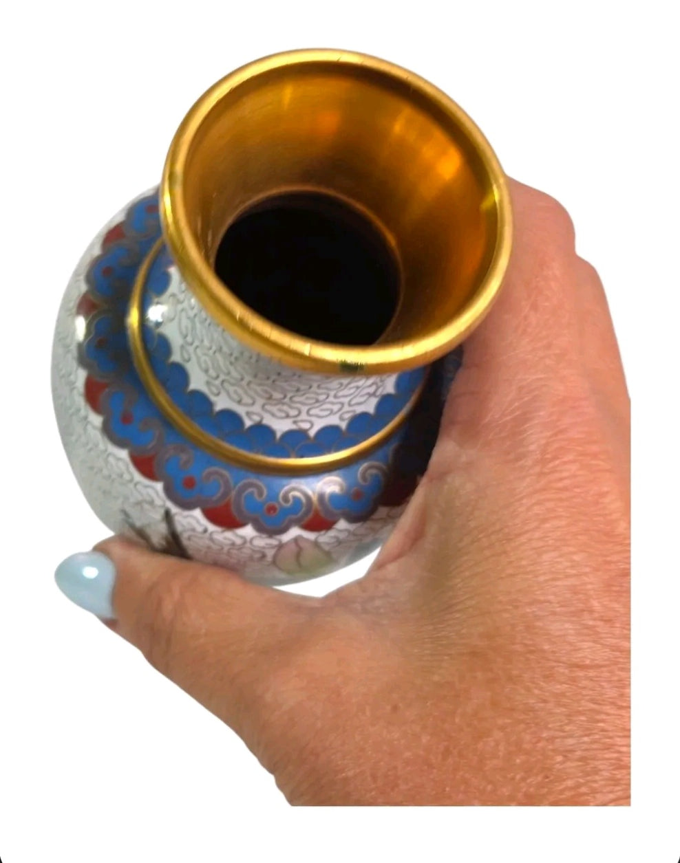 Vintage Cloisonné Floral Vase | Mid-Century Gold Trim Enamel Bud Vase | 6" Tall