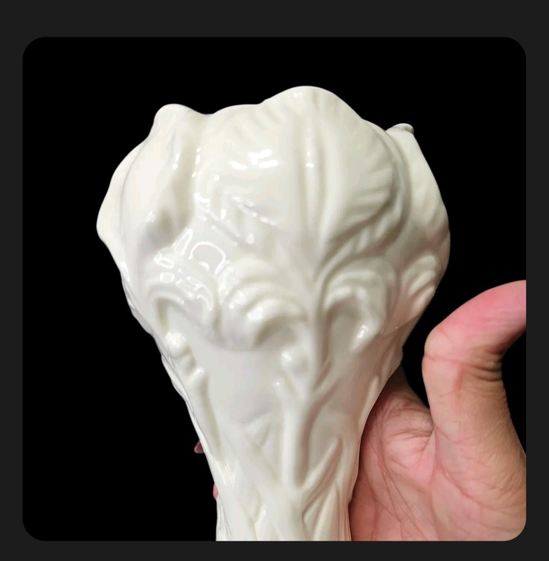 White Porcelain Iris Vase | Embossed Iris Blooms & Leaves | Scalloped Pedestal Base | 8" | Beta Sigma Phi 1998